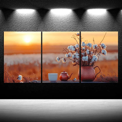 3pcs Teapots and Cups in The Fields Sunrise Metal Print Ready to Hang Art