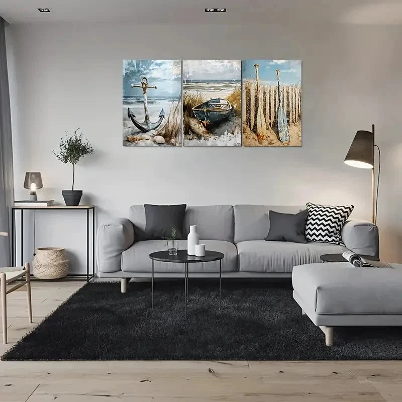 3pcs Beach Scene Anchor Boat and Sailboats Metal Print Ready to Hang Art