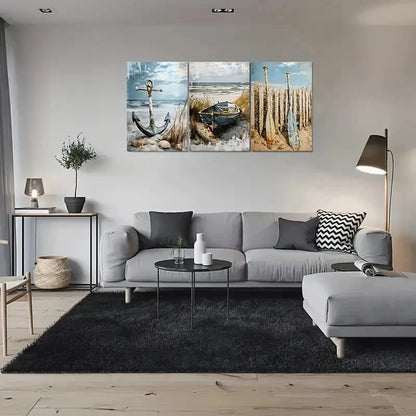 3pcs Beach Scene Anchor Boat and Sailboats Metal Print Ready to Hang Art