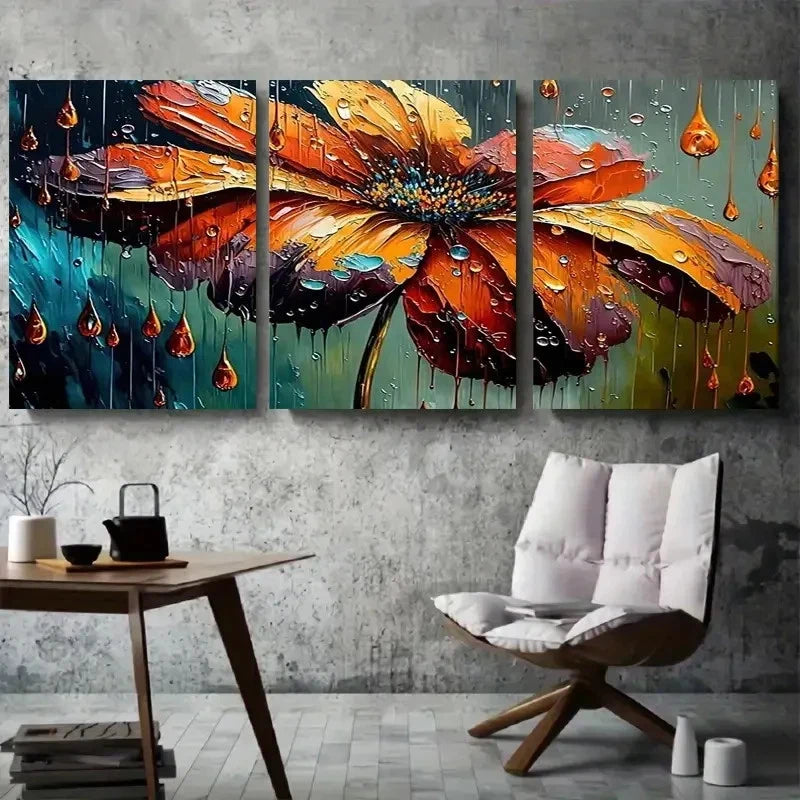 3pcs Vibrant Orange Flower in Rain Wall Art Set Canvas Framed 40x60cm - High Quality Print 100% Australian Made Wall Canvas Ready to Hang