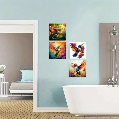 4pcs Vibrant Hummingbird & Floral Wall Art Canvas Framed
