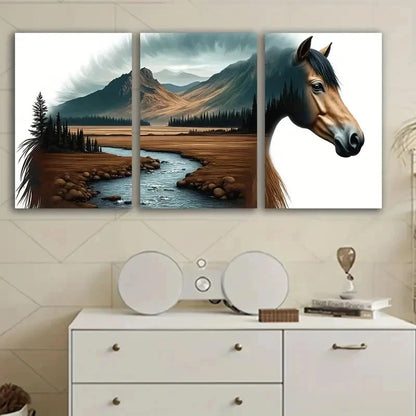 3pcs Horse Standing Indoors Scene Wall Art Set Canvas Framed 50x70cm - High Quality Print 100% Australian Made Wall Canvas Ready to Hang