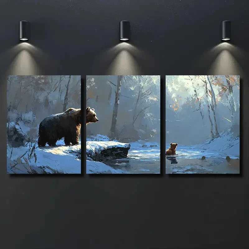 3pcs Rustic Bear and Cub Ice Floe Scene Metal Print Ready to Hang Art