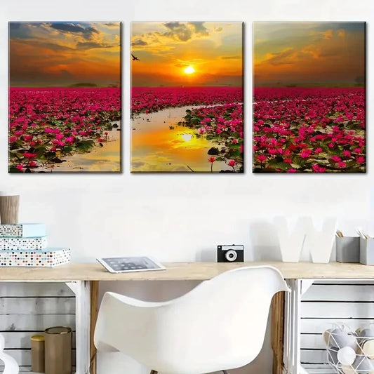 3pcs Sunrise Flowers And Oceans Décor Perfect Wall Art Set Canvas Framed 40x60cm - High Quality Print 100% Australian Made Wall Canvas Ready to Hang
