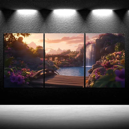 3pcs Waterfalls & Wooden Bridges Nature Scenery Metal Print Ready to Hang Art
