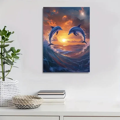 Dolphins Leaping in Sunset Ocean Scene 40x60cm Metal Print Ready to Hang