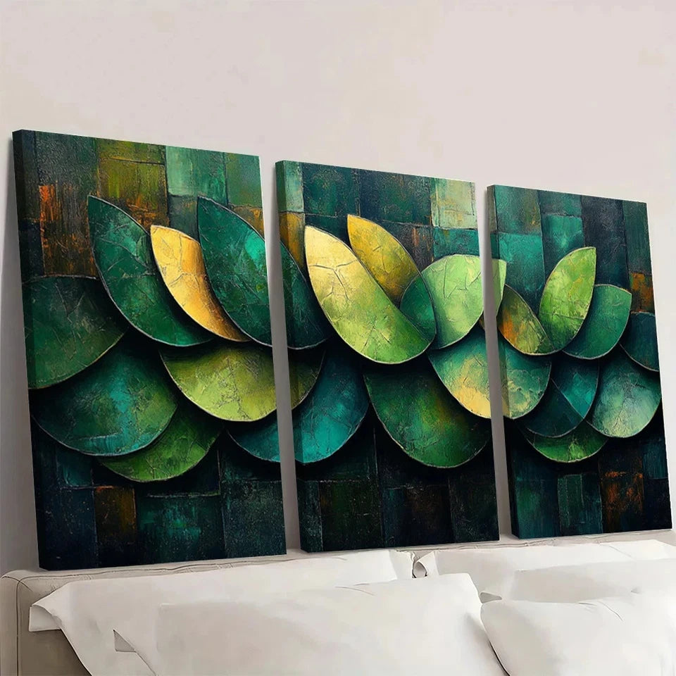 3pcs Vintage Abstract Green Leaves Themed  Wall Art Set Canvas Framed 50x70cm - High Quality Print 100% Australian Made Wall Canvas Ready to Hang