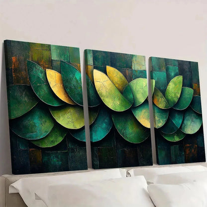 3pcs Vintage Abstract Green Leaves Themed  Wall Art Set Canvas Framed 50x70cm - High Quality Print 100% Australian Made Wall Canvas Ready to Hang