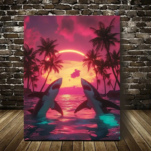 Vibrant Shark Sunset Scene Neon Glow Painting 40x60cm Metal Print Ready to Hang