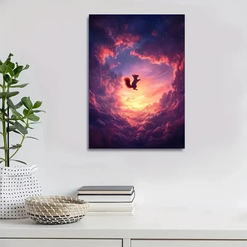 Dreamlike Squirrel Jumping under Glowing Painting 40x60cm Metal Print Ready to Hang