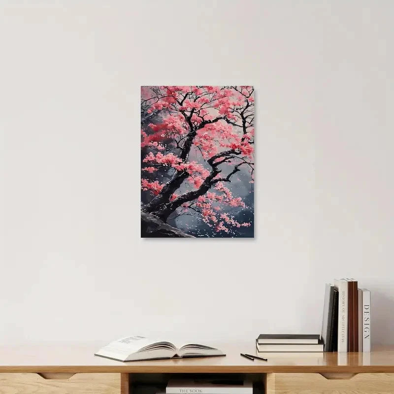 Framed artwork of a cherry blossom tree on a wall above a shelf with books.