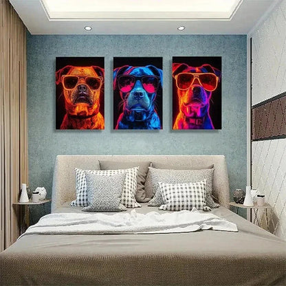 3pcs Stylish Dogs in Neon Fashion Glasses Art Set Canvas Unframed - High Quality Print 100% Australian Made Wall Canvas