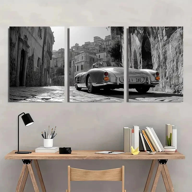 3pcs Retro Style Painting Black White Modern Metal Print Ready to Hang Art