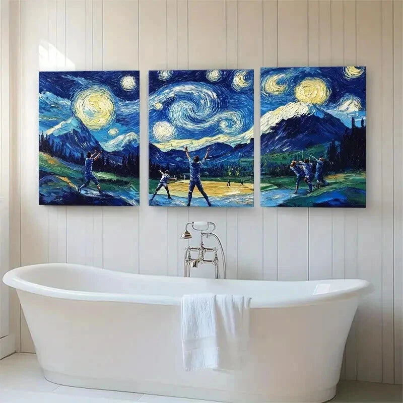 3pcs Baseball Starry Gogh Style Night Perfect Wall Art Set Canvas Framed 40x60cm - High Quality Print 100% Australian Made Wall Canvas Ready to Hang