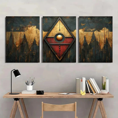 3pcs Golden Red Abstract Dark Themed Metal Print Ready to Hang Art