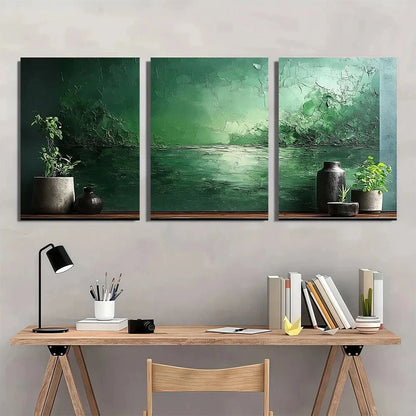 3pcs Green Abstract Oil Painting Metal Print Ready to Hang Art