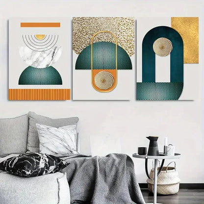 3pcs Minimalist Teal and Golden  Metal Print Ready to Hang Art