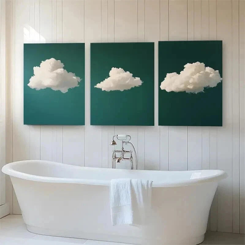 3pcs Dreamy White Clouds on Deep Green Perfect Wall Art Set Canvas Framed 40x60cm - High Quality Print 100% Australian Made Wall Canvas Ready to Hang