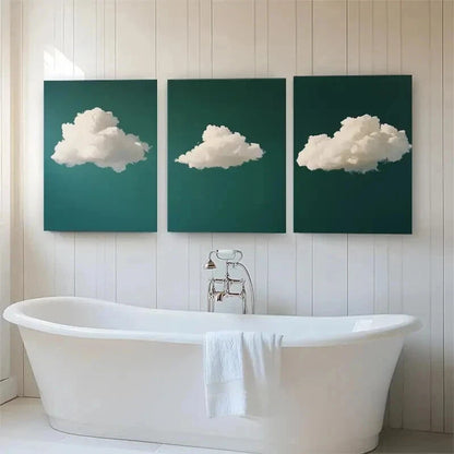 3pcs Dreamy White Clouds on Deep Green Perfect Wall Art Set Canvas Framed 40x60cm - High Quality Print 100% Australian Made Wall Canvas Ready to Hang