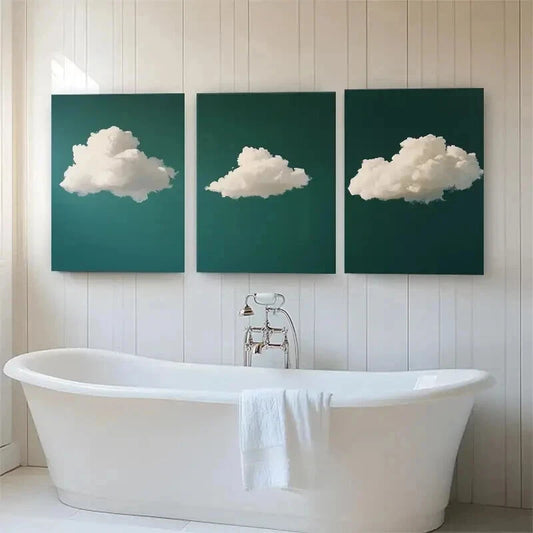 3pcs Dreamy White Clouds on Deep Green Perfect Wall Art Set Canvas Framed 40x60cm - High Quality Print 100% Australian Made Wall Canvas Ready to Hang