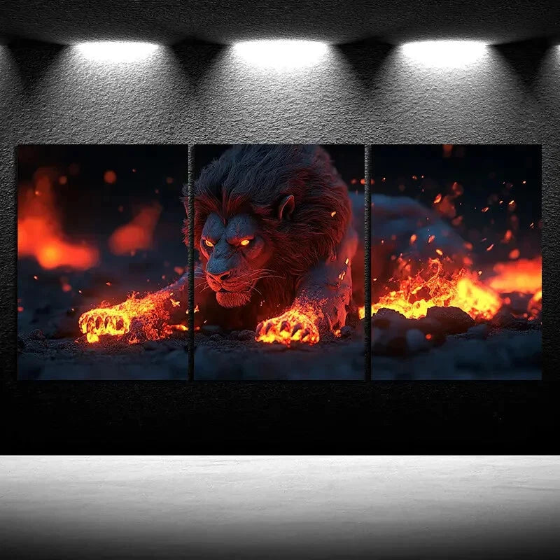 3pcs Abstract Running Lion Fire Effect Metal Print Ready to Hang Art