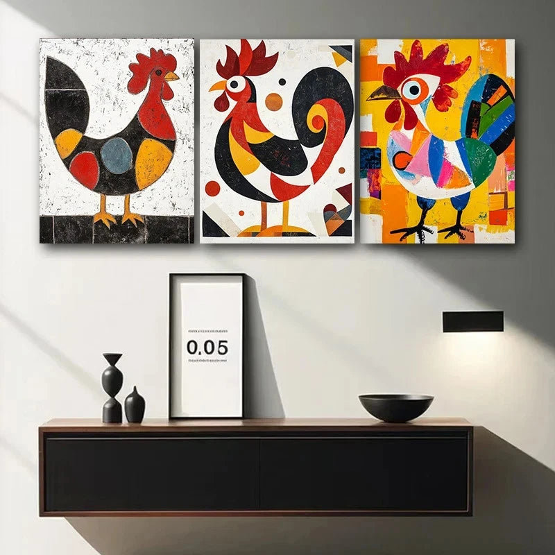 3pcs Abstract Rooster Colourful Metal Print Ready to Hang Art