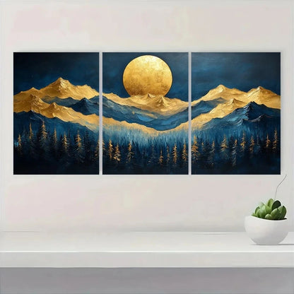 3pcs Blue Golden Painting Abstract Textured Metal Print Ready to Hang Art