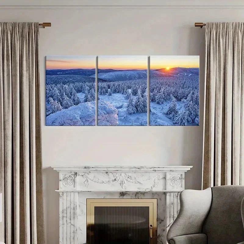 3pcs Snowy Landscape with Sunset Reflection Wall Art Set Canvas Framed 40x60cm - High Quality Print 100% Australian Made Wall Canvas Ready to Hang
