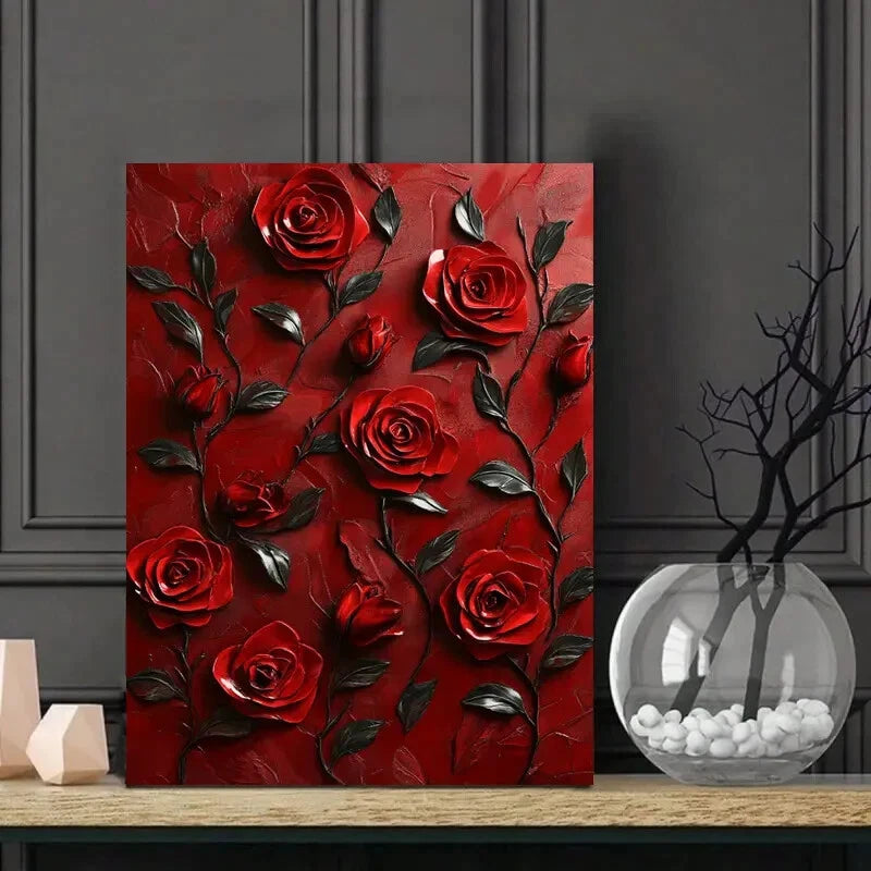 Red Roses on a Red Background Painting 40x60cm Metal Print Ready to Hang