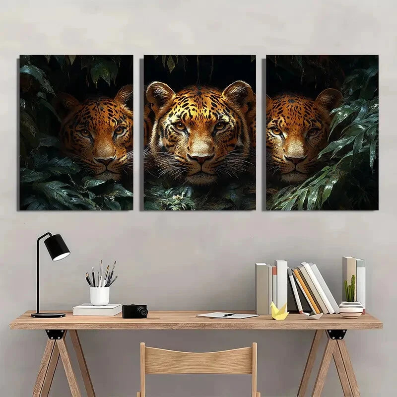 3pcs Jungle Overlord Leopard Green Leaves Metal Print Ready to Hang Art
