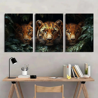 3pcs Jungle Overlord Leopard Green Leaves Metal Print Ready to Hang Art