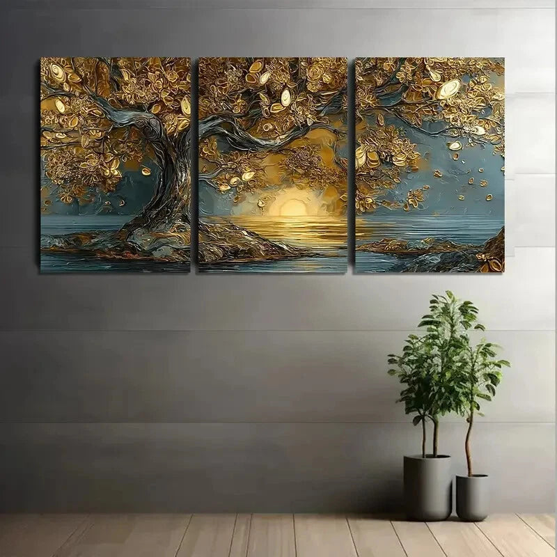 3pcs Tree with Leaves Golden and Silvery Metal Print Ready to Hang Art