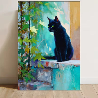 Black Cat in Spain with Green Leaves 60x90cm Metal Print Ready to Hang