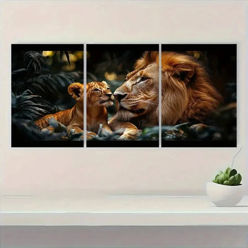 3pcs Lion Mother and Cub Jungle Scene Metal Print Ready to Hang Art