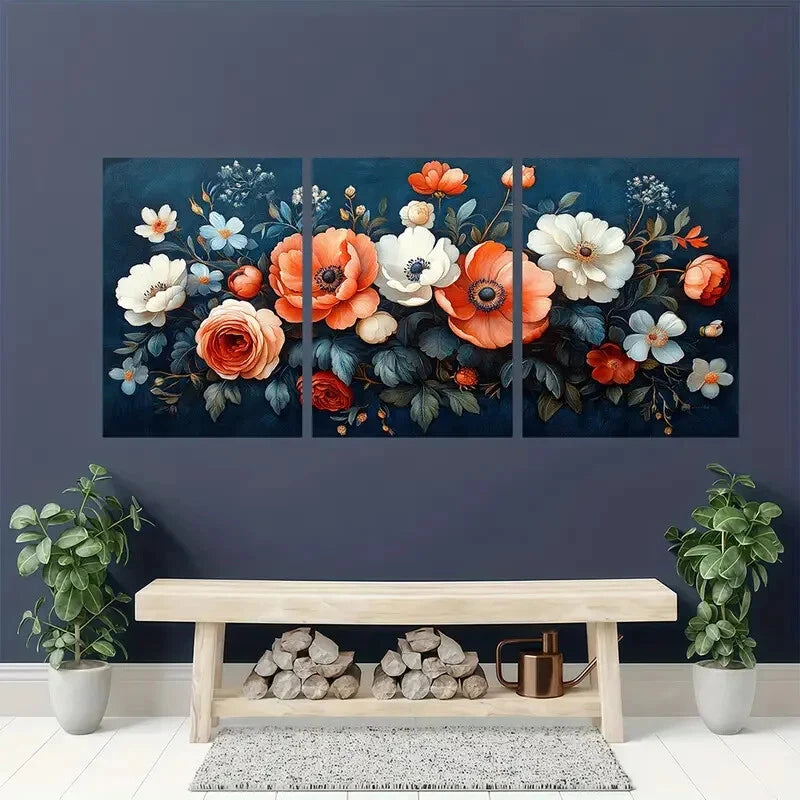 3pcs Abstract Blue & Orange Floral Design Metal Print Ready to Hang Art