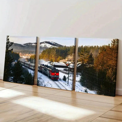 3pcs Snowy Landscape with Steam Train Wall Art Set Canvas Framed 40x60cm - High Quality Print 100% Australian Made Wall Canvas Ready to Hang