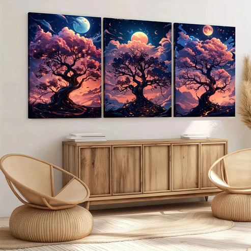 3pcs Cartoon Tree Glowing Branches Pink Clouds Wall Art Set Canvas Unframed - High Quality Print 100% Australian Made Wall Canvas