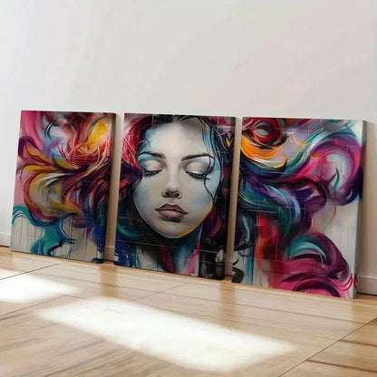 3pcs Abstract Woman Face Artwork Vibrant Colors Wall Art Set Canvas Framed 40x60cm - High Quality Print 100% Australian Made Wall Canvas Ready to Hang