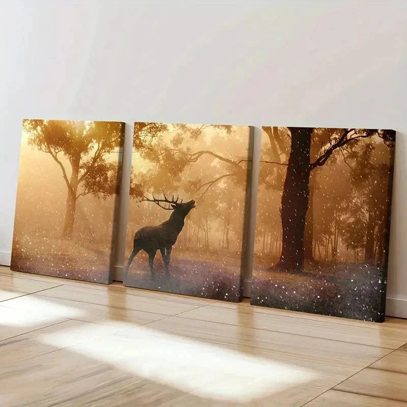 3pcs Sunlight Shining Into The Forest & Elk Wall Art Set Canvas Framed 40x60cm - High Quality Print 100% Australian Made Wall Canvas Ready to Hang