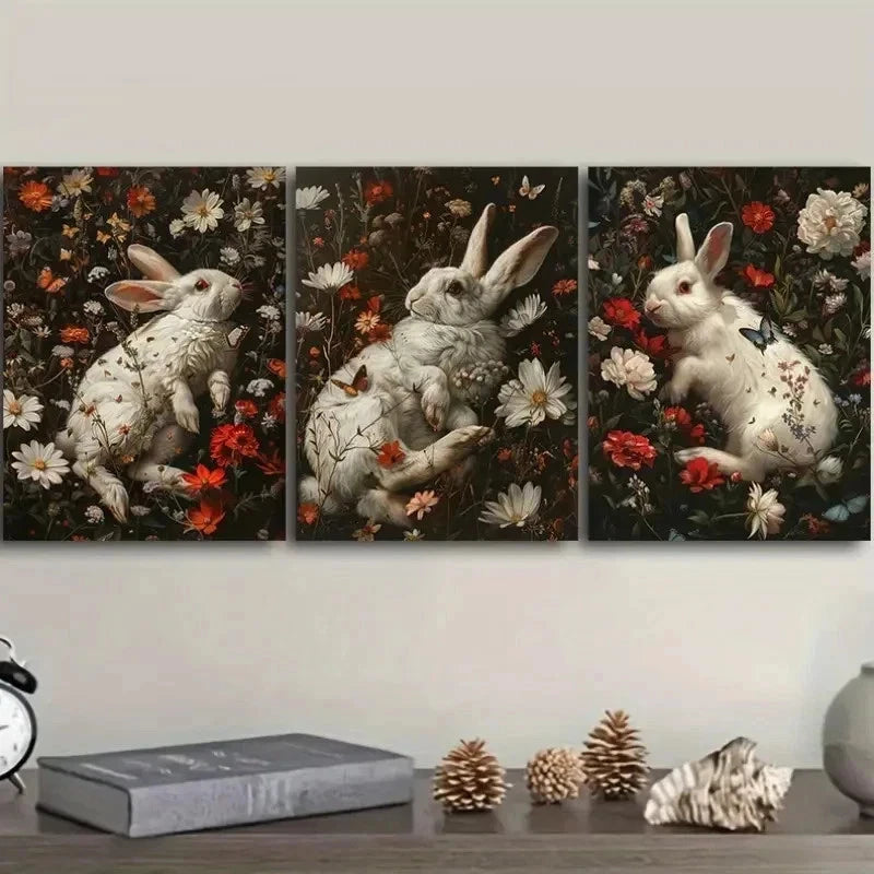 3pcs Whimsical Rabbit & Floral Design Wall Art Set Canvas Framed 50x70cm - High Quality Print 100% Australian Made Wall Canvas Ready to Hang