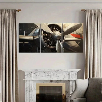 3pcs Airplane Propeller Engine Vintage Wall Art Set Canvas Framed 60x90cm - High Quality Print 100% Australian Made Wall Canvas Ready to Hang
