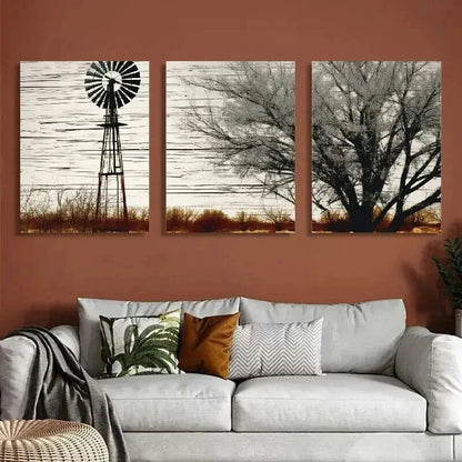 3pcs Rustic Windmill & Trees Orientation Wall Art Set Canvas Framed 40x60cm - High Quality Print 100% Australian Made Wall Canvas Ready to Hang