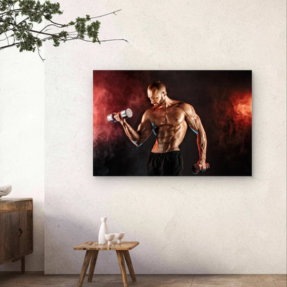 Athlete Doing Dumbbell Curls Red Smoke 5mm Plastic Poster Ready to Hang 90x60cm