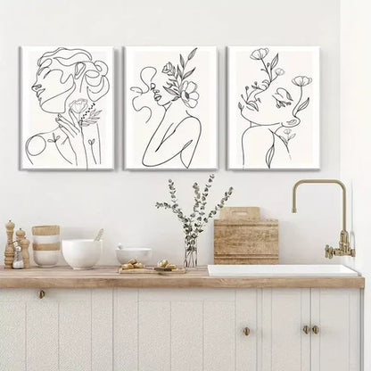 3pcs Minimalist Woman Flower Line Canvas Framed 60X90 cm - High Quality Print 100% Australian Made Wall Canvas Ready to Hang