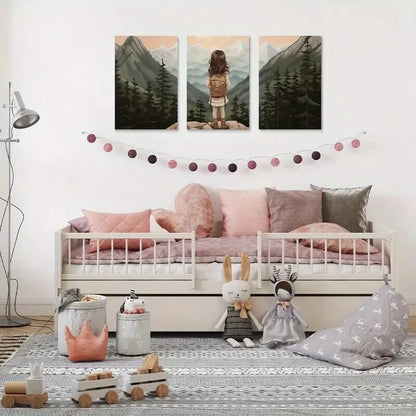 3pcs Adventure Nursery Woodland Girl Décor Wall Art Set Canvas Framed 40x60cm - High Quality Print 100% Australian Made Wall Canvas Ready to Hang