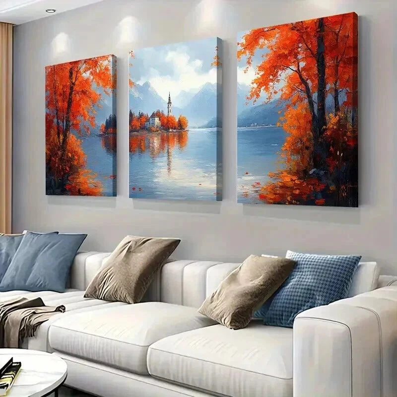 3pcs Vibrant Orange Trees Mountain Reflections Wall Art Set Canvas Framed 40x60cm - High Quality Print 100% Australian Made Wall Canvas Ready to Hang