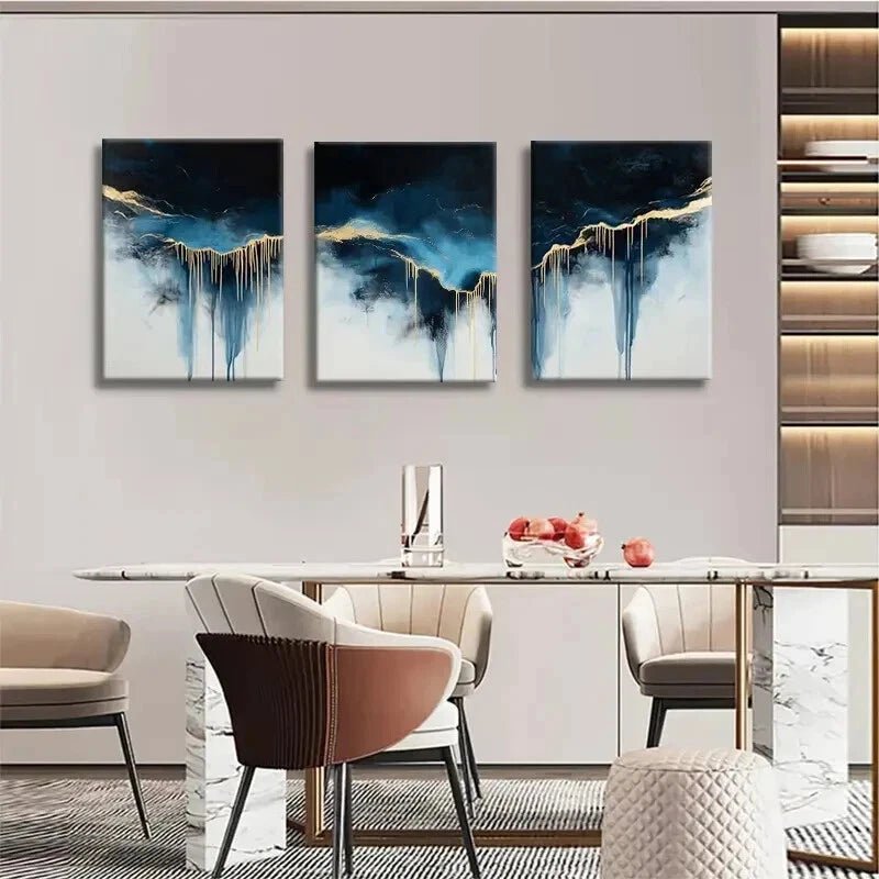 3pcs Abstract Blue & Golden Drip Painting Wall Art Set Canvas Framed 40x60cm - High Quality Print 100% Australian Made Wall Canvas Ready to Hang