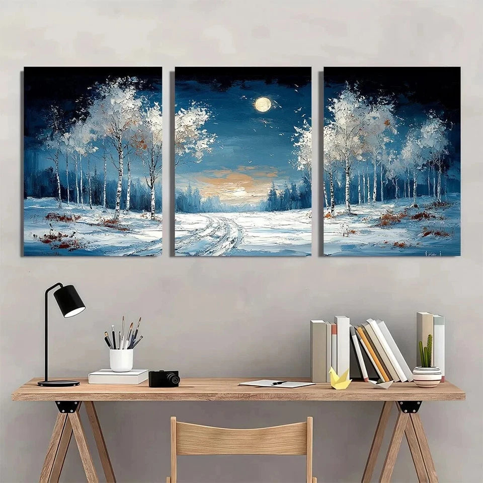 3pcs White Birch Trees & Snowy Forest Scene Metal Print Ready to Hang Art
