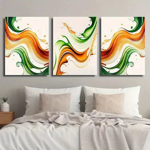 3pcs Burnt Orange & Emerald Green Wavy Wall Art Set Canvas Unframed - High Quality Print 100% Australian Made Wall Canvas