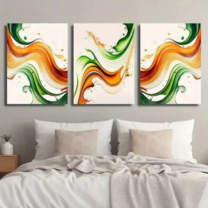 3pcs Burnt Orange & Emerald Green Wavy Wall Art Set Canvas Unframed - High Quality Print 100% Australian Made Wall Canvas